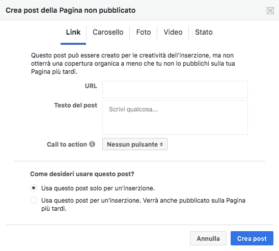 Creare un dark post su facebook