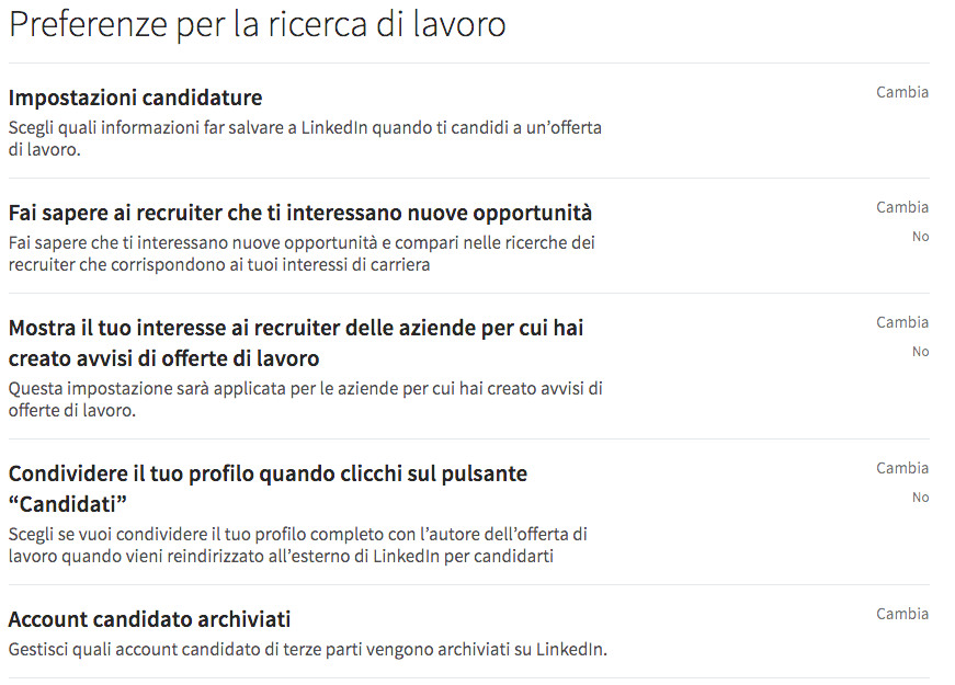 preferenze ricerca lavoro linkedin