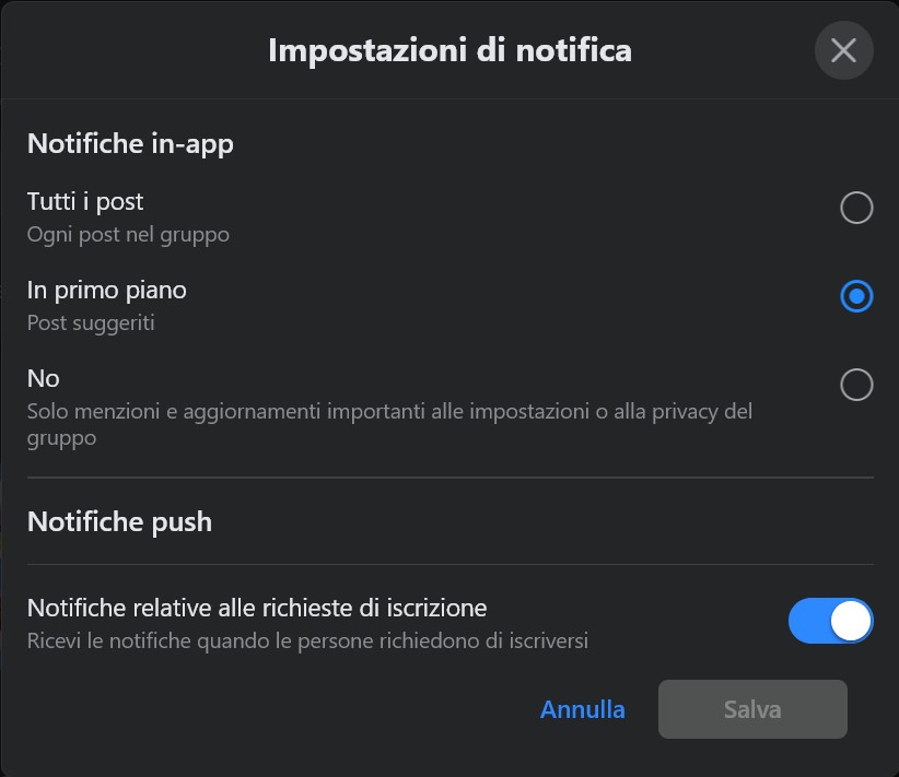 notifiche gestione gruppo facebook